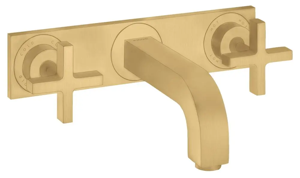 Waschtischarmatur mit Unterputzinstallation und Auslauf, ausgestattet mit zwei Kreuzgriffen in Brushed Gold Optic. Hersteller ist AXOR.